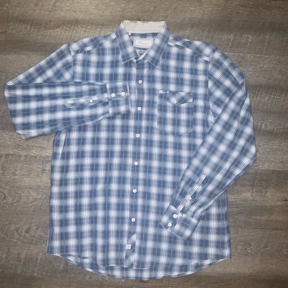 7 Diamonds Shirt Men L Performance Stretch Blue/Grey Plaid Button Up LS